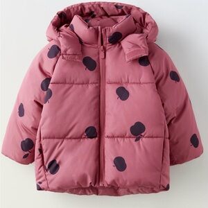 ZARA Kids Pink Oversized Puffer Jacket with Apple Pattern